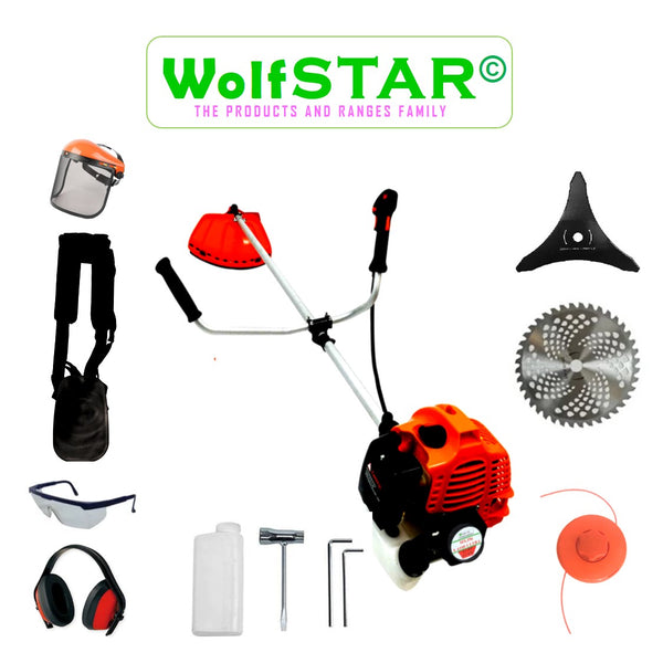 Motocoasa 5.6kW WolfSTAR RED 6100, Set cu Tambur Fir + Disc Metal 3 lame + Disc Vidia, accesorii