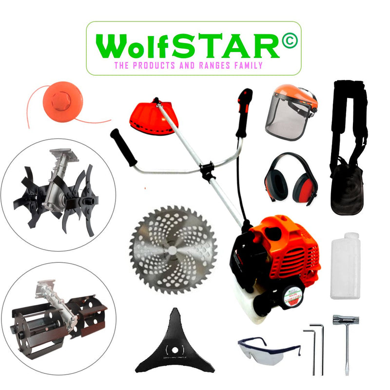 SEZONUL-OFERTELOR Set Motocoasa WolfSTAR RED 6100, 6.1 kW, cu Accesorii, + Angrenaj Tip Prasitoare, + Angrenaj Tip Cultivator