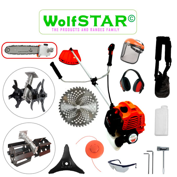 Set Motocoasa WolfSTAR RED 6100, 6.1 kW, cu Accesorii, + Angrenaje Tip Prasitoare, Cultivator, Drujba