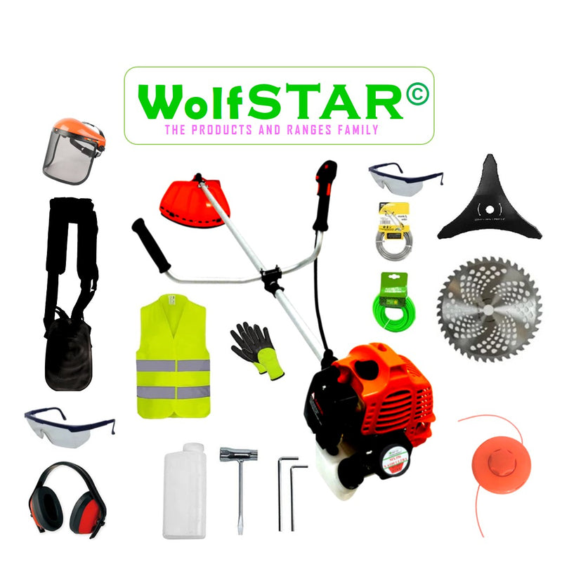 Set Motocoasa WolfSTAR RED 6100, 6.1 kW, 15 Accesorii, cu Tambur Fir + Disc Metal 3 lame + Disc Vidia