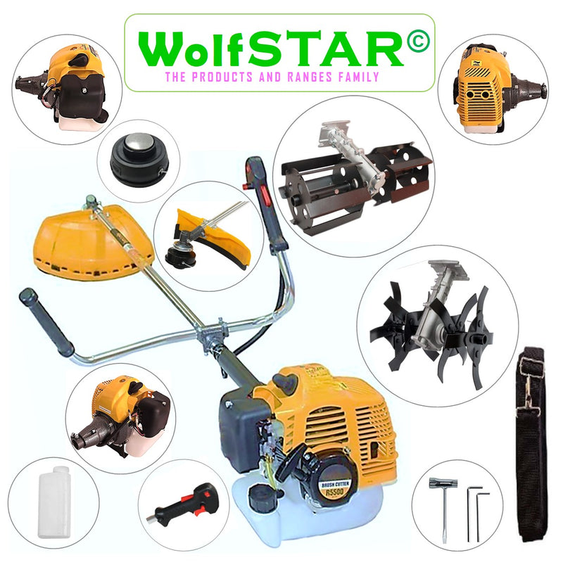 SET Motocoasa 7CP WolfSTAR, 5.5kW, in Set Tambur Fir + Accesorii, R5500, YELLOW, +PRASITOARE, +CULTIVATOR