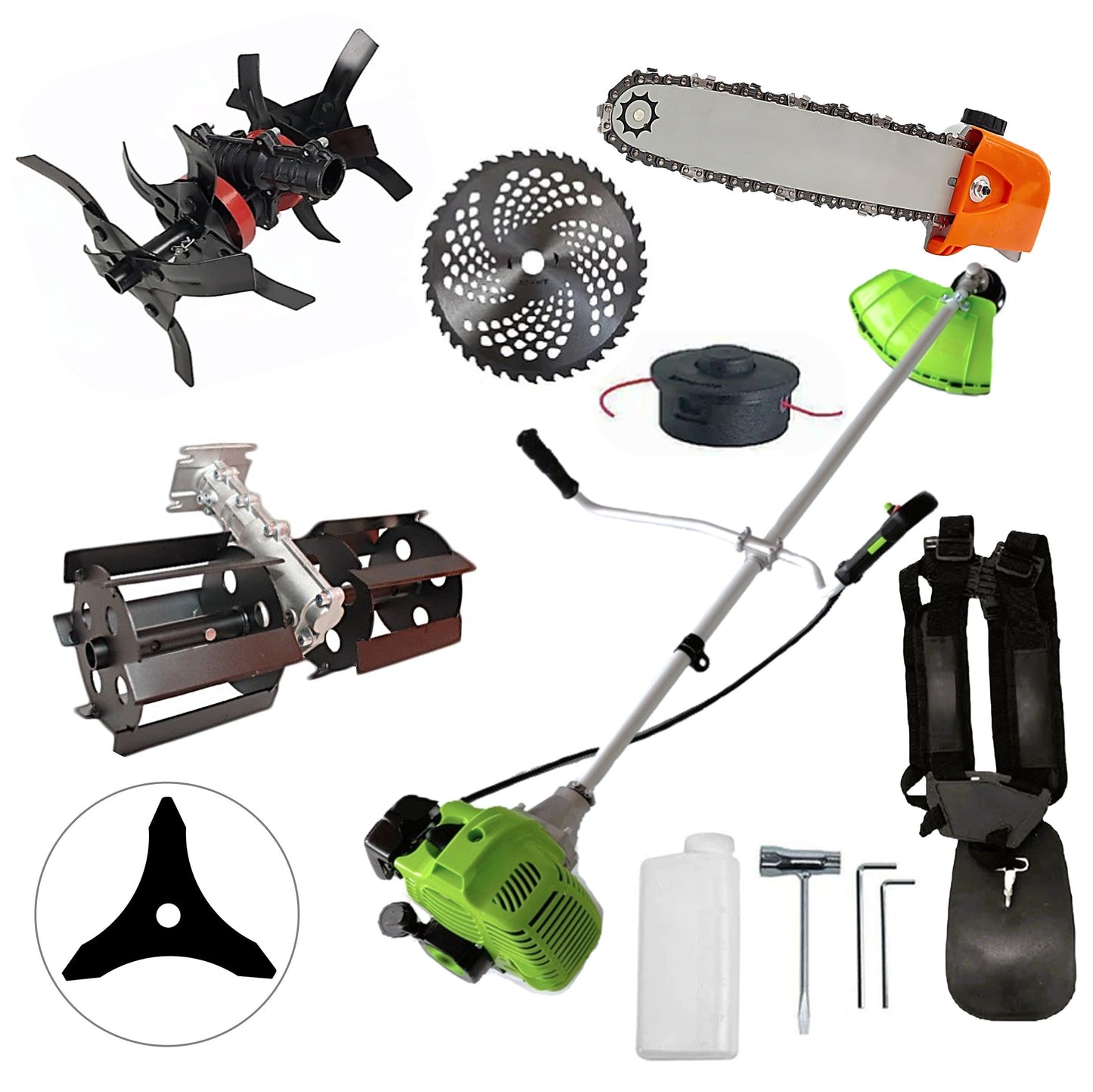 CULTIVATOR PREMIUM+CAP DRUJBA+PRASITOARE+Motocoasa NUOVO-VRD Green Fuel-Efficient 3.4CP, Disc Vidia, Disc Stea, accesorii incluse