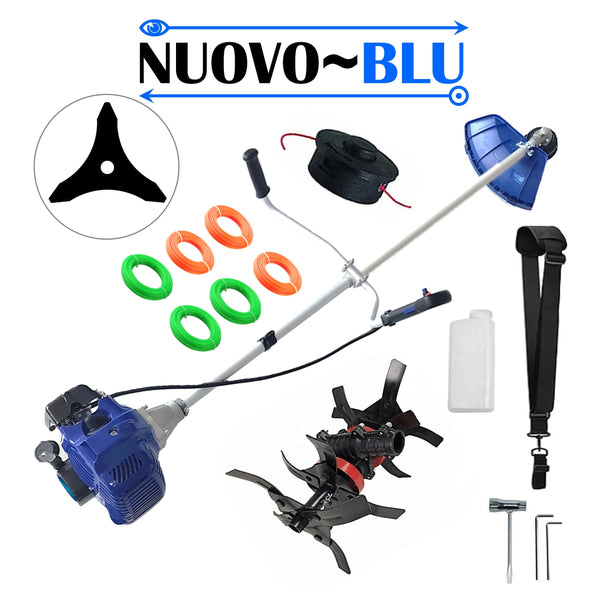 Motocoasa pe benzina NUOVO-BLUe Fuel-Economy 3.4CP, Disc Stea, accesorii incluse, +CULTIVATOR PREMIUM, EXTRA FIR TAIERE