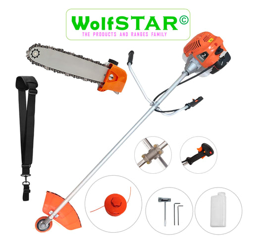 Motocoasa WolfSTAR© motor benzina 2 timpi, 6CP, 52cc, 11.000RPM + Cap Tip Ferastrau-Drujba