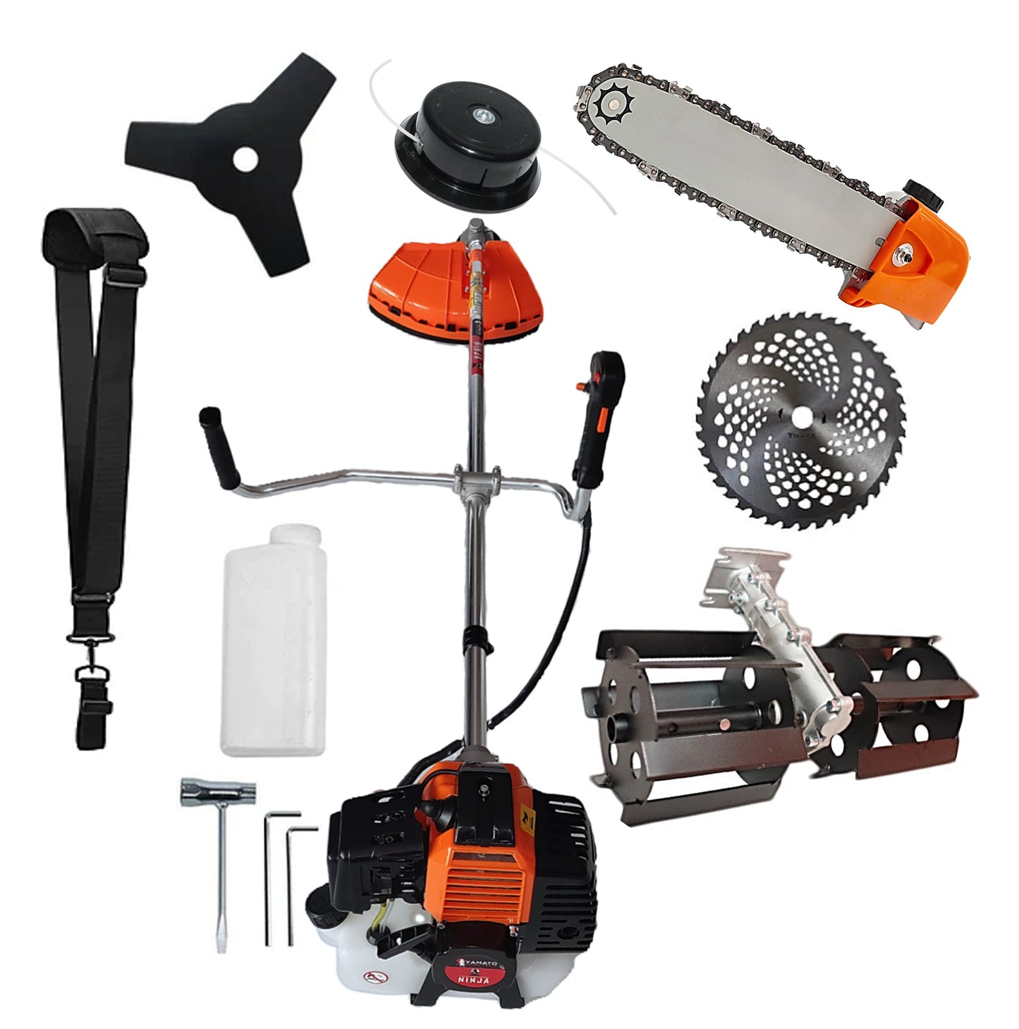 SET CAP DRUJBA+PRASITOARE+Motocoasa Multifunctionala YAMATO® JAPAN TOOLS Model NINJA-6CP, cu accesorii si Discuri