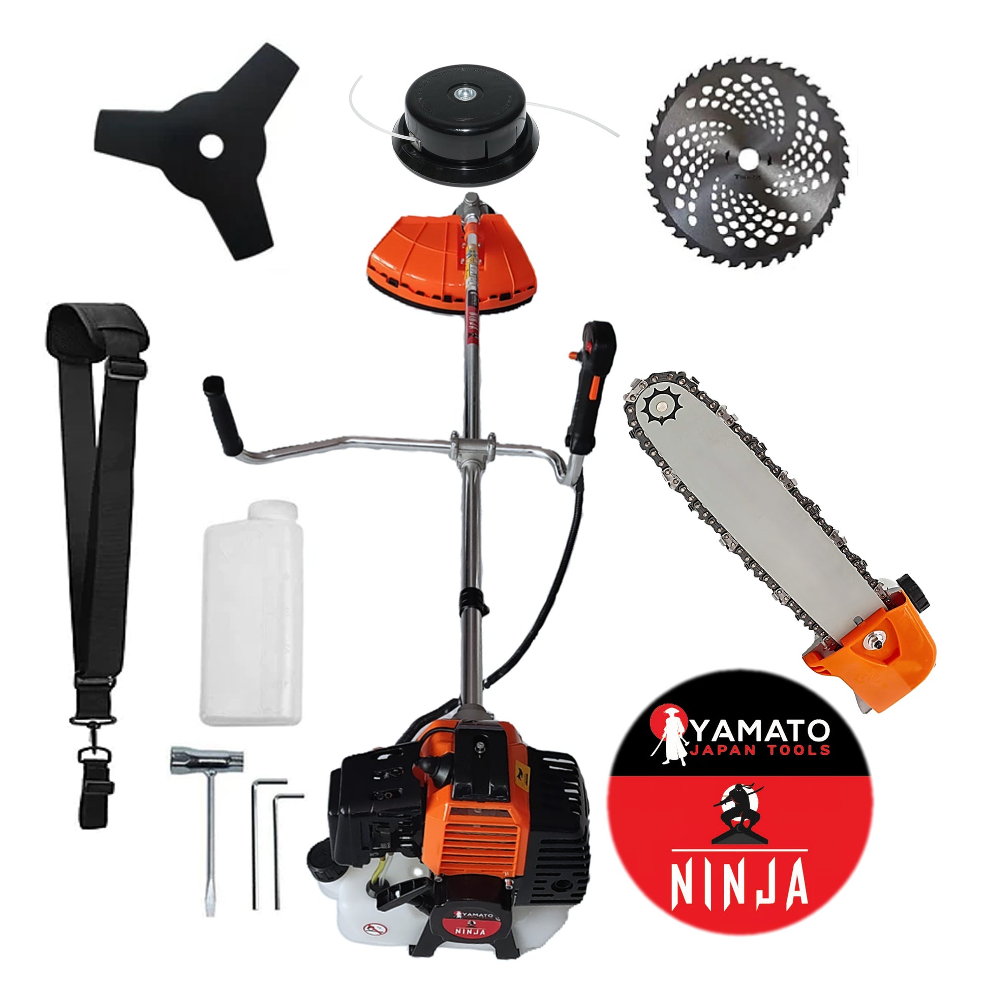 SET CAP DRUJBA+Motocositoare Multifunctionala YAMATO® JAPAN TOOLS Model NINJA-6CP, Negru-Portocaliu, cu accesorii si Discuri