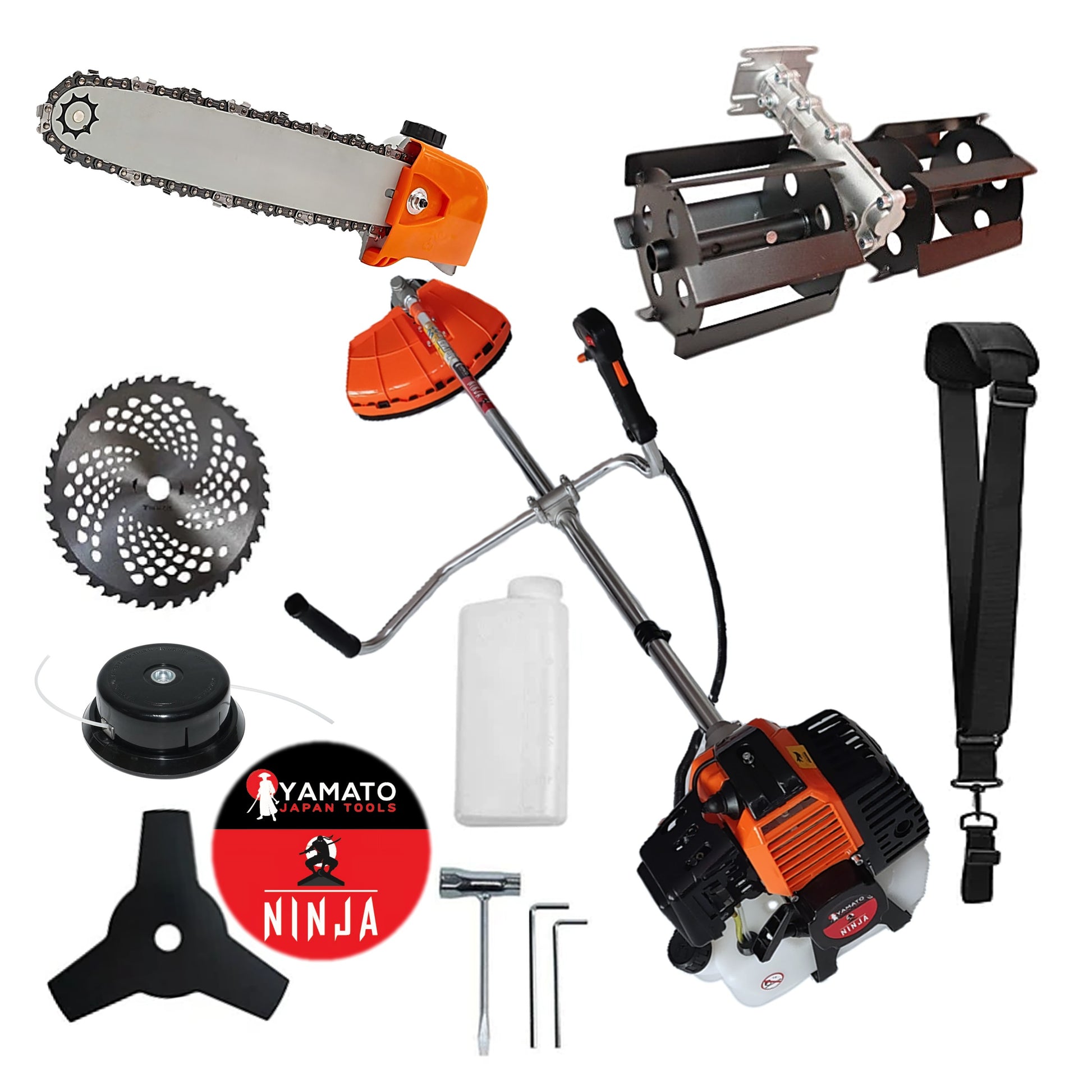 SET CAP DRUJBA+PRASITOARE+Motocositoare Multifunctionala YAMATO® JAPAN TOOLS Model NINJA-6CP, Negru-Portocaliu, cu accesorii si Discuri