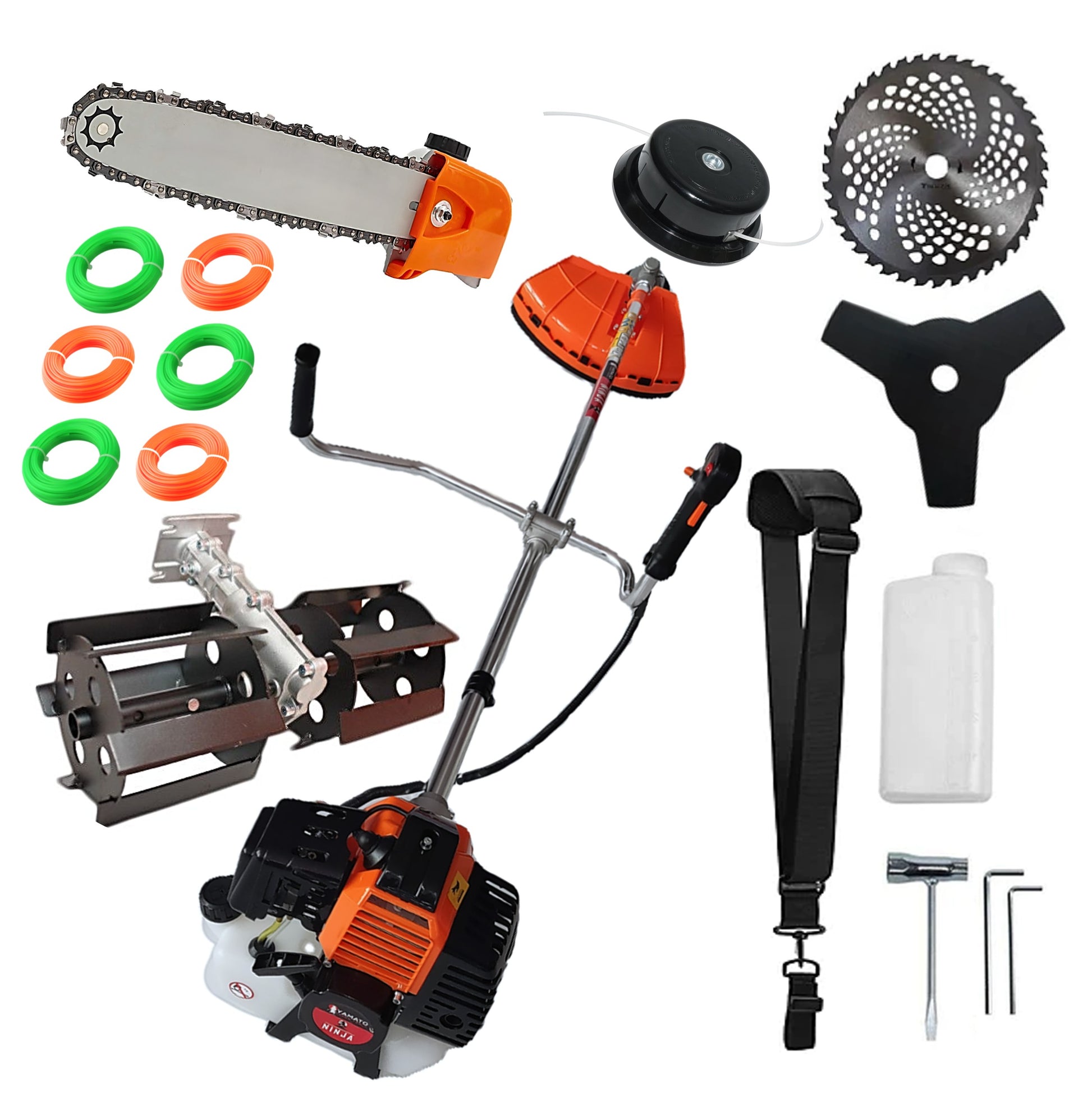 SET PRASITOARE+ANGRENAJ DRUJBA+Motocositoare Multifunctionala YAMATO® JAPAN TOOLS Model NINJA-6CP, Negru-Portocaliu, cu accesorii+EXTRA Fire Taiere