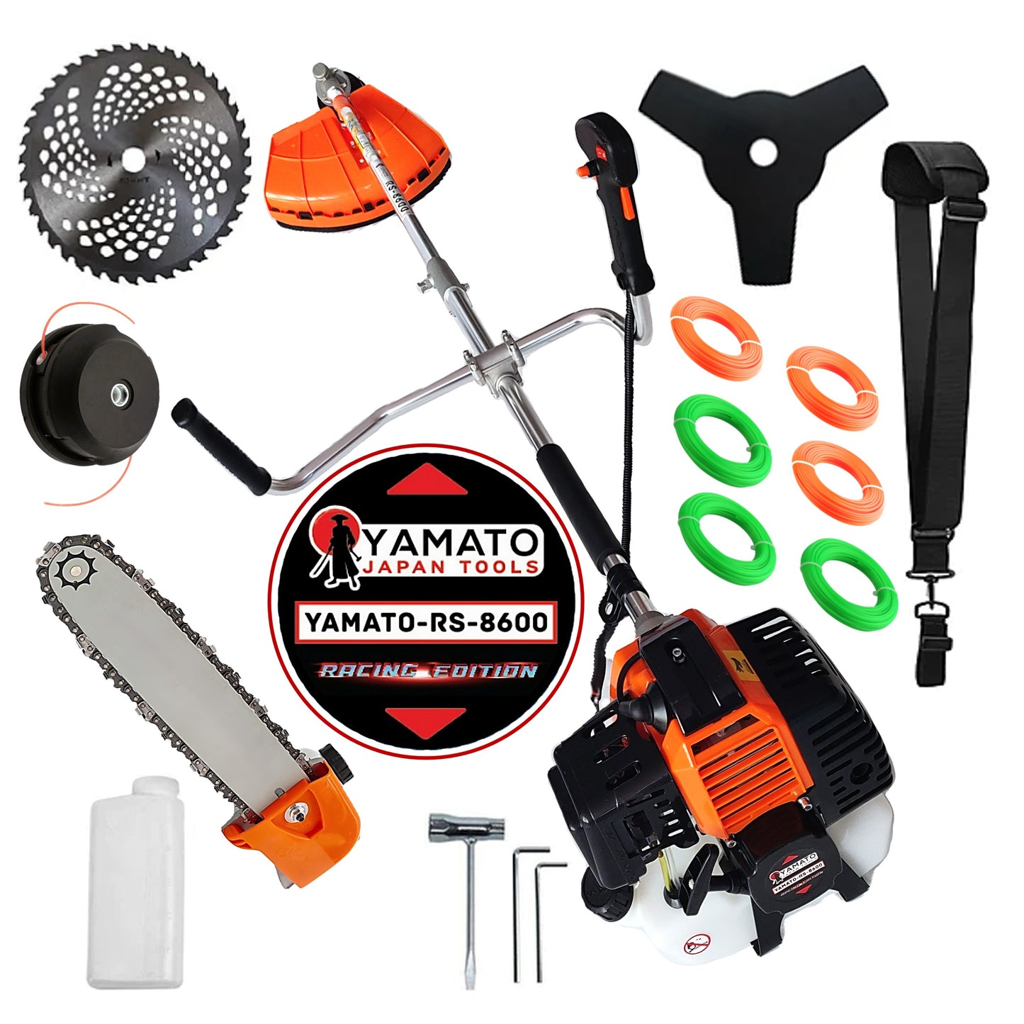 SET CAP DRUJBA+Motocositoare RS-8600 Multifunctionala YAMATO® Japan Tools, 6.3CP RACING EDITION, OrangeBLACK, cu accesorii+EXTRA Fir-Taiere