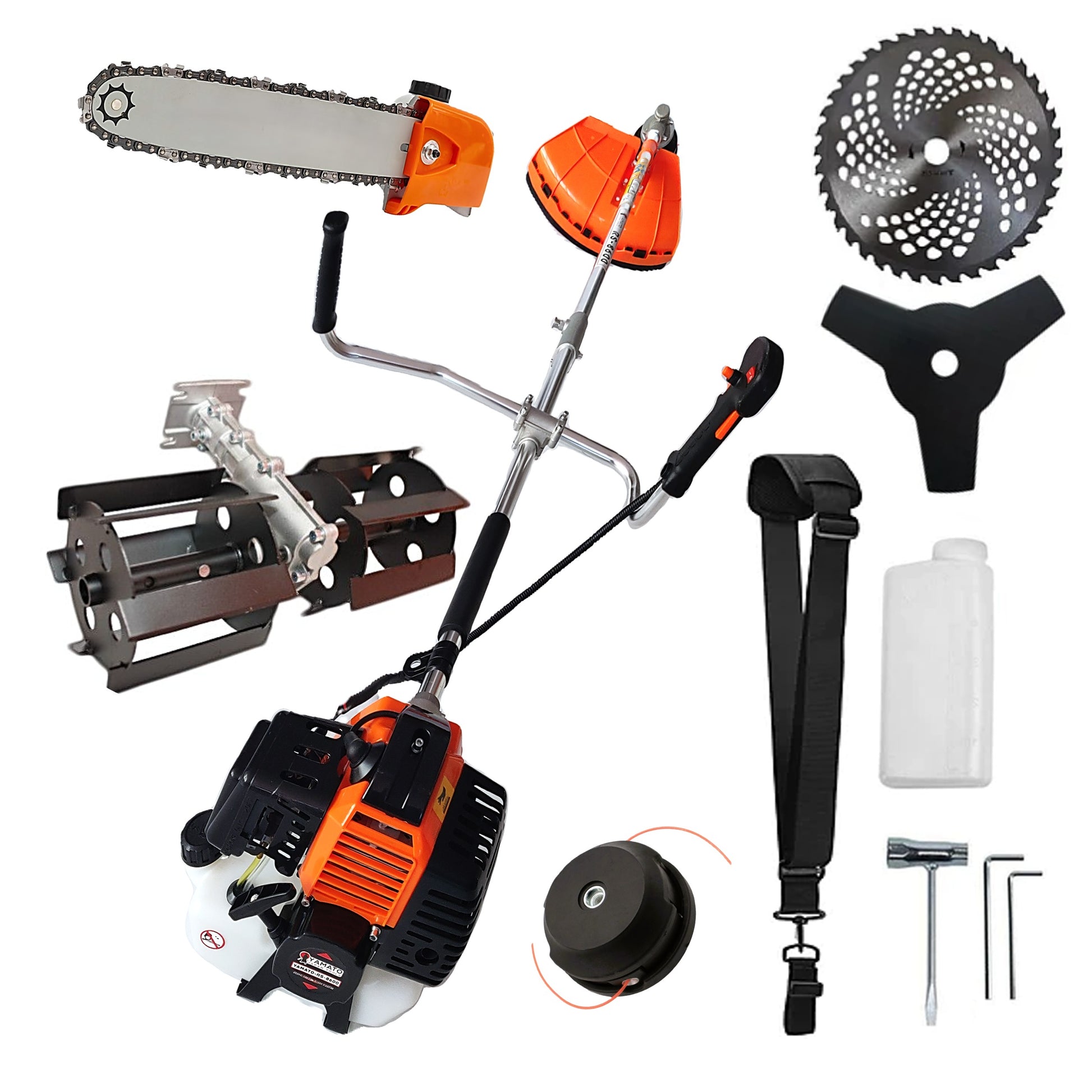 SET CAP DRUJBA+PRASITOARE+Motocositoare RS-8600 Multifunctionala YAMATO® Japan Tools, 6.3CP RACING EDITION, OrangeBLACK, cu accesorii si Discuri