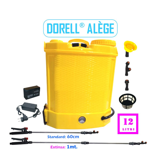 Vermorel de stropit 12 Litri, electric cu acumulator incorporat, culoare Galben, brand DORELL ALEGE. Include acumulator, incarcator, sita lichide, 3 duze diferite incluse, lance metalica, maner reglare debit. O oferta speciala de la EuroUnelte.ro