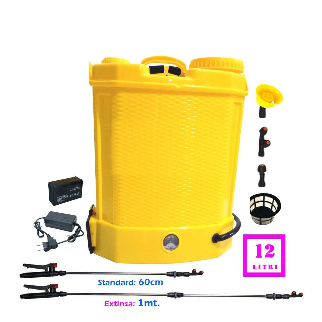Pompa de stropit cu acumulator culoare galbena, brand Dorell Alege, volum 12 Litri, Vermorel. Include acumulator, incarcator, sita lichide, 3 duze diferite incluse, lance metalica, maner reglare debit. O oferta speciala de la EuroUnelte.ro