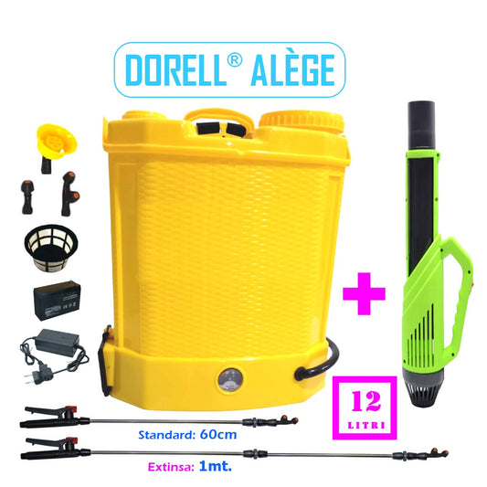 SET Pompa de stropit 12 Litri, electrica cu acumulator incorporat, culoare Galben, brand DORELL ALEGE, Vermorel Galben PLUS ATOMIZOR. Include acumulator, incarcator, sita lichide, 3 duze diferite incluse, lance metalica, maner reglare debit si atomizorul. O oferta speciala de la EuroUnelte.ro