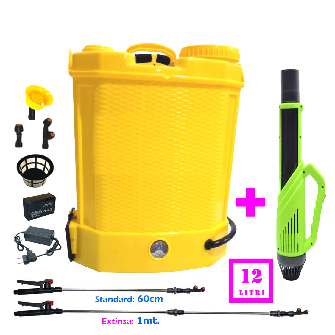 SET Pompa de stropit 12 Litri, electrica cu acumulator incorporat, culoare Galben, brand DORELL ALEGE, Vermorel Galben PLUS ATOMIZOR. Include acumulator, incarcator, sita lichide, 3 duze diferite incluse, lance metalica, maner reglare debit si atomizorul. O oferta speciala de la EuroUnelte.ro