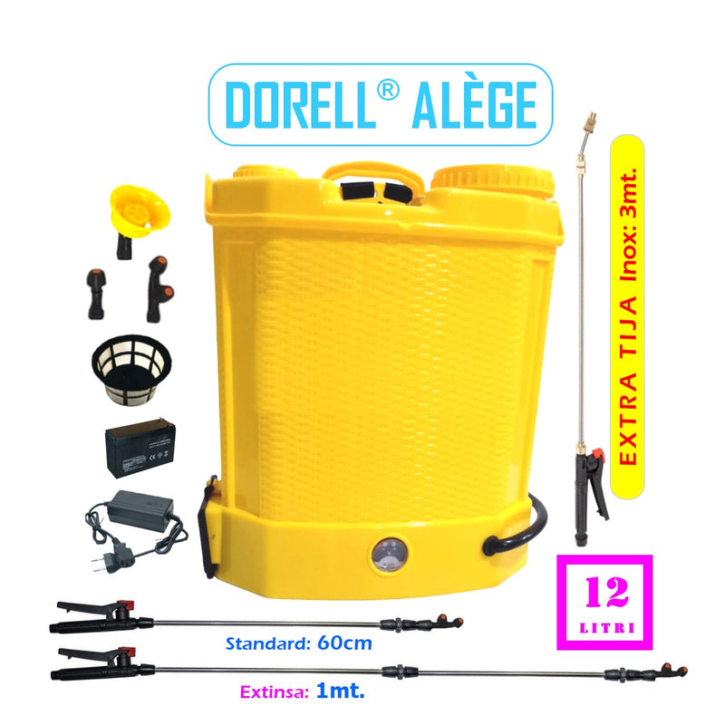 DORELL® ALÈGE || SET Pompa Stropit Electrica cu Acumulator, 12 Litri, Vermorel GALBEN, tija extensibila 1m, PLUS TIJA INOX extensibila 3 Metri