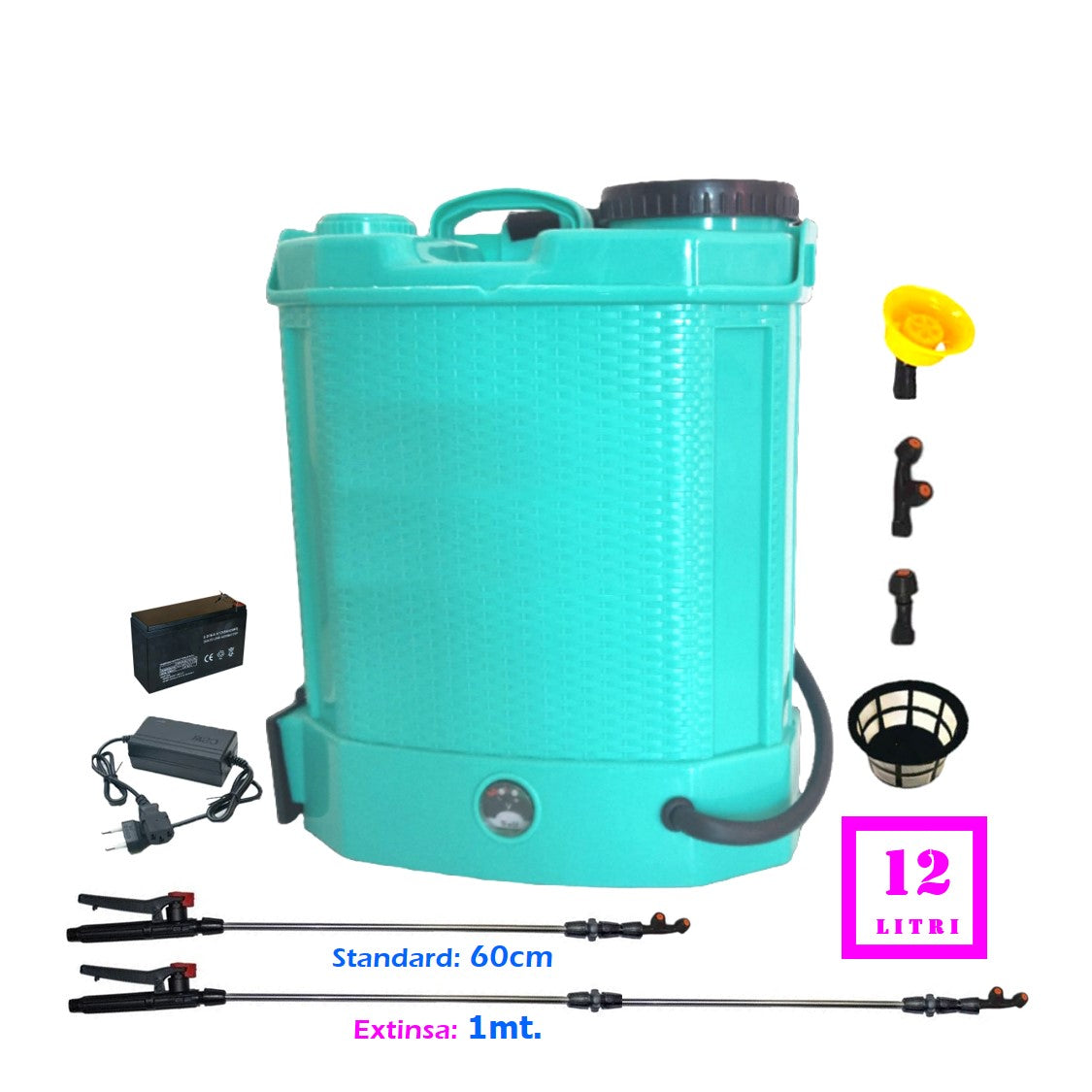 Pompa de stropit 12 Litri, electrica cu acumulator incorporat, culoare Albastru Pandora, brand VOKNER Recomandat, Vermorel Verde. Include acumulator, incarcator, sita lichide, 3 duze diferite incluse, lance metalica, maner reglare debit. O oferta speciala de la EuroUnelte.ro