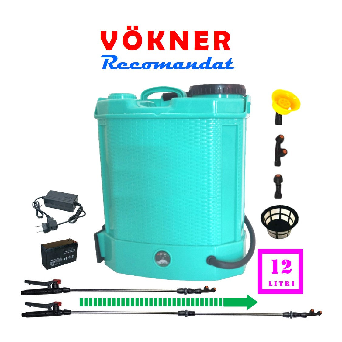 Vermorel de stropit 12 Litri, electric cu acumulator incorporat, culoare Albastra, brand VOKNER Recomandat. Include acumulator, incarcator, sita lichide, 3 duze diferite incluse, lance metalica, maner reglare debit. O oferta speciala de la EuroUnelte.ro