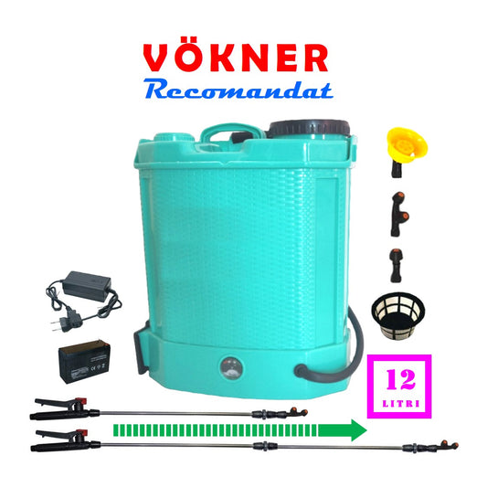 Vermorel de stropit 12 Litri, electric cu acumulator incorporat, culoare Albastra, brand VOKNER Recomandat. Include acumulator, incarcator, sita lichide, 3 duze diferite incluse, lance metalica, maner reglare debit. O oferta speciala de la EuroUnelte.ro