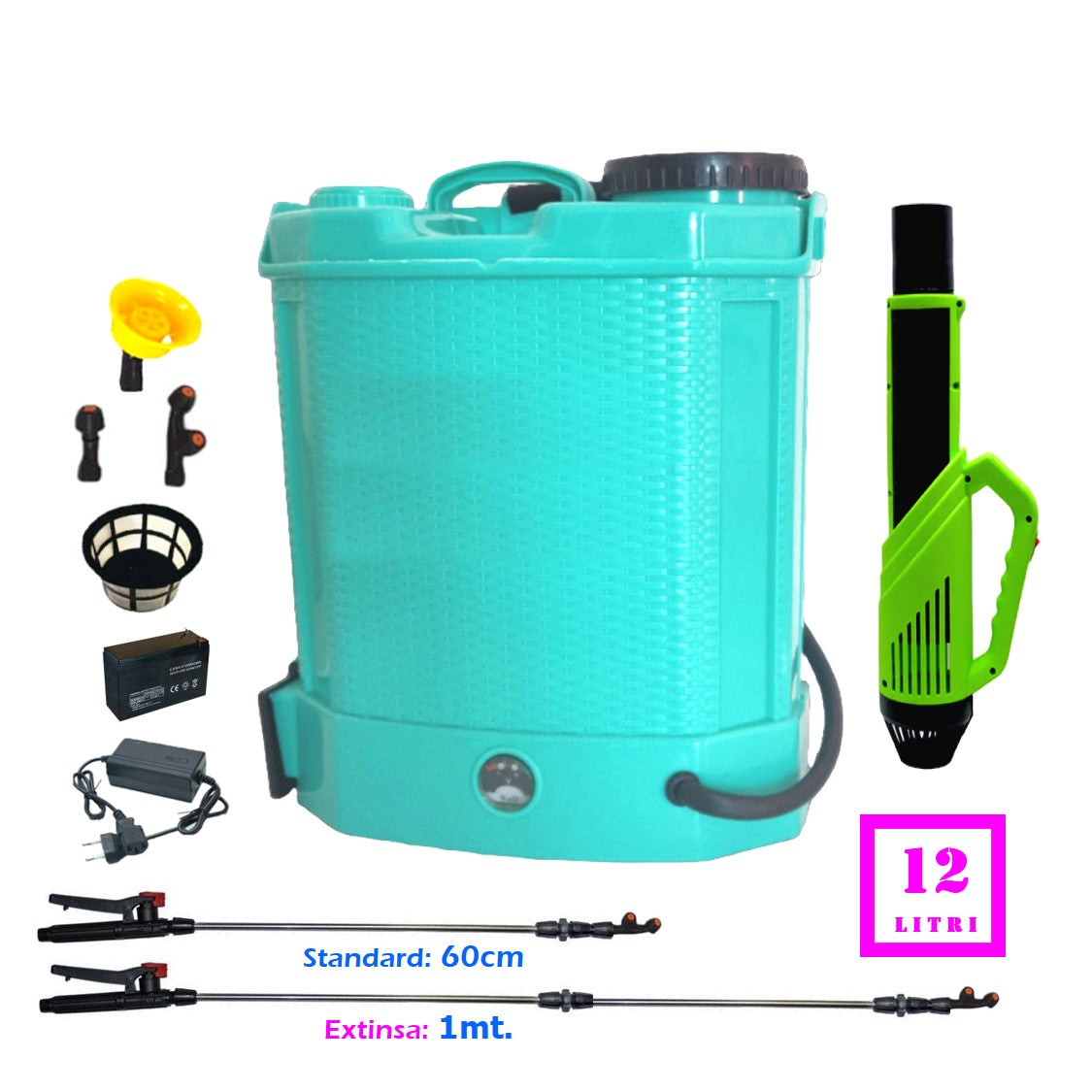 SET Pompa de stropit 12 Litri, electrica cu acumulator incorporat, culoare Albastra, brand VOKNER Recomandat, Vermorel BLUE PLUS ATOMIZOR. Include acumulator, incarcator, sita lichide, 3 duze diferite incluse, lance metalica, maner reglare debit si atomizorul. O oferta speciala de la EuroUnelte.ro