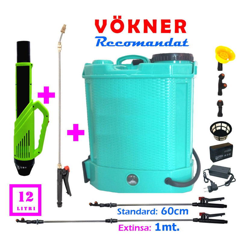 *PROMO* Set VÖKNER Pompa de stropit 12 L cu acumulator + Atomizor + Set Lance telescopica stropit pomi 3m, vermorel