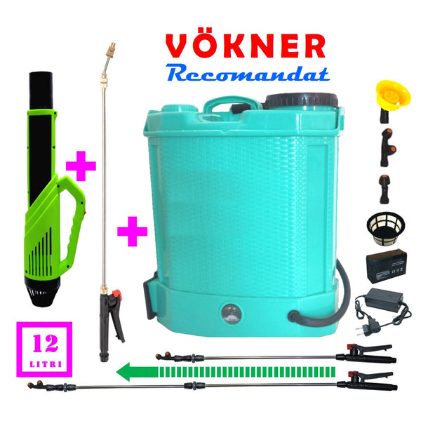 Pompa de stropit Vokner  12 Litri cu acumulator, plus atomizor, plus tija inox extensibila la 3 metri, Vermorel Blue