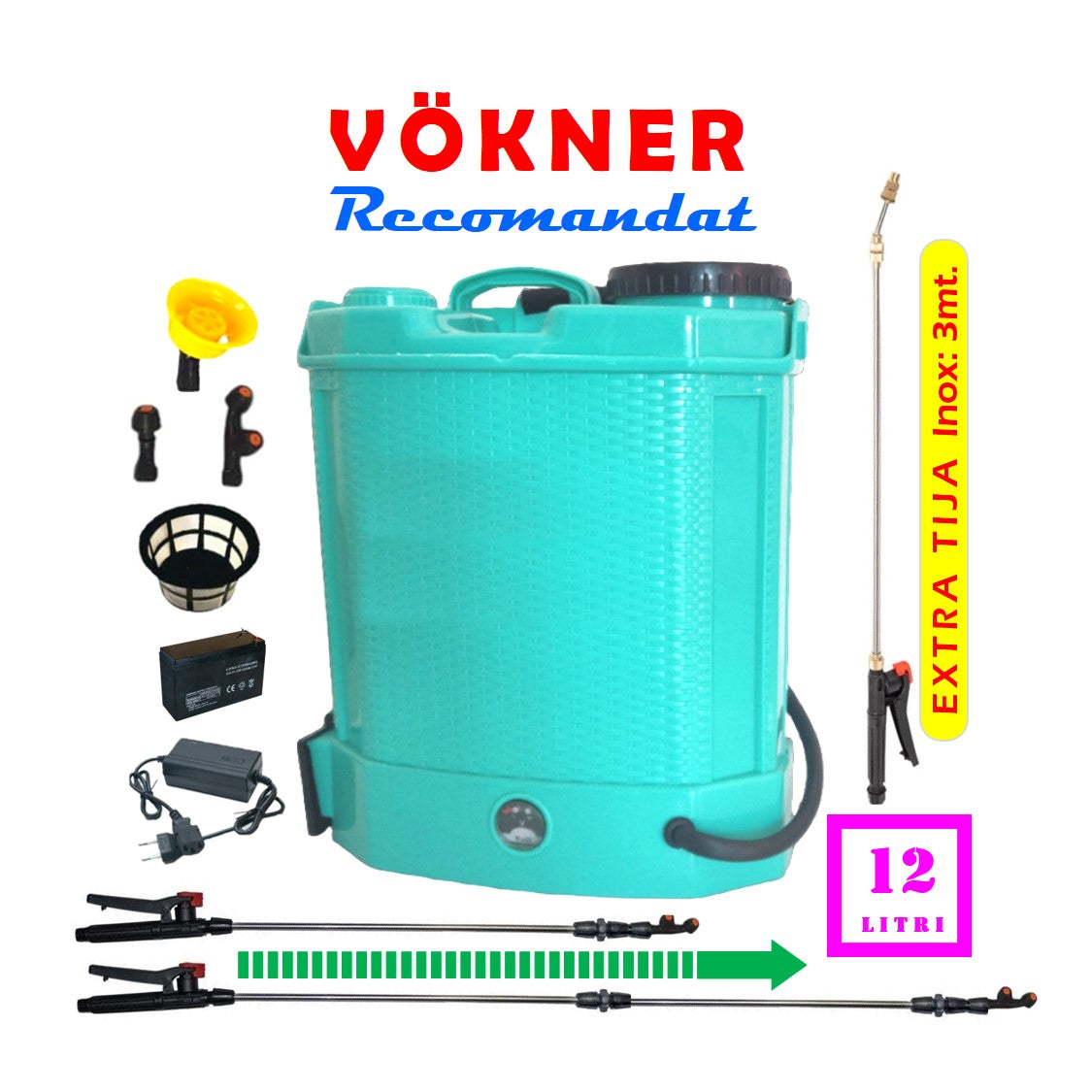 Pompa de Stropit VOKNER Recomandat, Electrica cu Acumulator, volum 12 Litri, Plus TIJA Extensibila 3 metri din INOX.