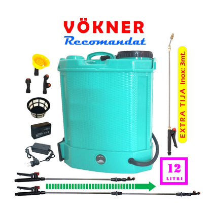 Pompa de Stropit VOKNER Recomandat, Electrica cu Acumulator, volum 12 Litri, Plus TIJA Extensibila 3 metri din INOX.
