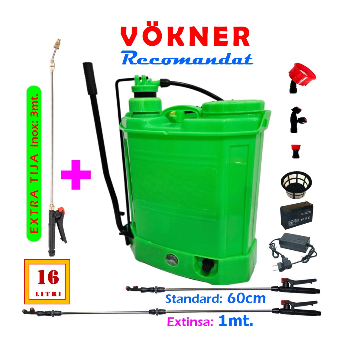 SET Pompa de stropit 16 Litri Pandora electrica cu acumulator incorporat, culoare Verde, brand VOKNER Recomandat, Vermorel Galben. Include acumulator, incarcator, sita lichide, 3 duze diferite incluse, lance metalica, maner reglare debit, PLUS Tija Extra-Extensibila din Inox cu lungime pana la 3 metri. O oferta speciala de la EuroUnelte.ro