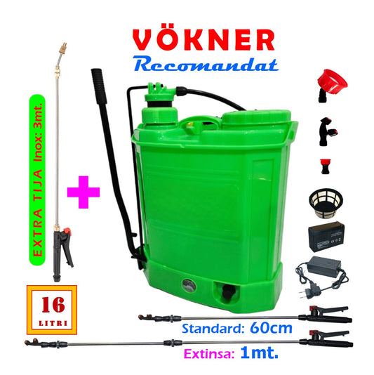 SET Pompa de stropit 16 Litri Pandora electrica cu acumulator incorporat, culoare Verde, brand VOKNER Recomandat, Vermorel Galben. Include acumulator, incarcator, sita lichide, 3 duze diferite incluse, lance metalica, maner reglare debit, PLUS Tija Extra-Extensibila din Inox cu lungime pana la 3 metri. O oferta speciala de la EuroUnelte.ro