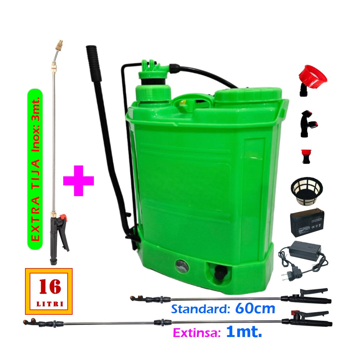 SET Pompa de stropit 16 Litri Pandora electrica cu acumulator incorporat, culoare Verde, brand VOKNER Recomandat, Vermorel Galben. Include acumulator, incarcator, sita lichide, 3 duze diferite incluse, lance metalica, maner reglare debit, PLUS Tija Extra-Extensibila din Inox cu lungime pana la 3 metri. O oferta speciala de la EuroUnelte.ro