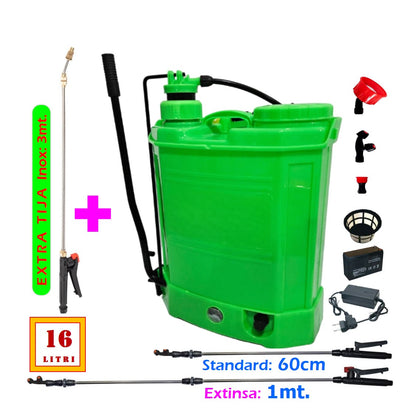 SET Pompa de stropit 16 Litri Pandora electrica cu acumulator incorporat, culoare Verde, brand VOKNER Recomandat, Vermorel Galben. Include acumulator, incarcator, sita lichide, 3 duze diferite incluse, lance metalica, maner reglare debit, PLUS Tija Extra-Extensibila din Inox cu lungime pana la 3 metri. O oferta speciala de la EuroUnelte.ro