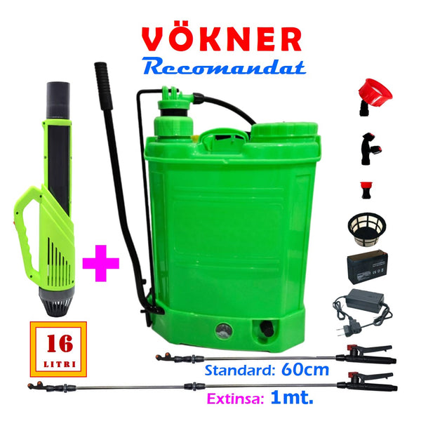 SET Pompa de stropit 16 Litri, electrica cu acumulator incorporat, culoare Verde, brand VOKNER Recomandat, Vermorel Verde PLUS ATOMIZOR. Include acumulator, incarcator, sita lichide, 3 duze diferite incluse, lance metalica, maner reglare debit si atomizorul. O oferta speciala de la EuroUnelte.ro