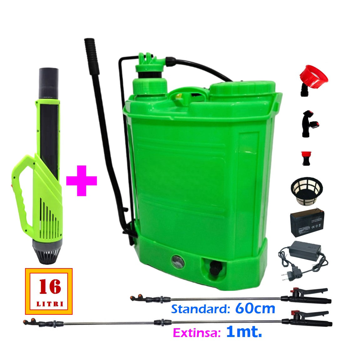 SET Pompa de stropit 16 Litri, electrica cu acumulator incorporat, culoare Verde, brand VOKNER Recomandat, Vermorel Verde PLUS ATOMIZOR. Include acumulator, incarcator, sita lichide, 3 duze diferite incluse, lance metalica, maner reglare debit si atomizorul. O oferta speciala de la EuroUnelte.ro