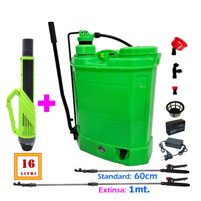 SET Pompa de stropit 16 Litri, electrica cu acumulator incorporat, culoare Verde, brand VOKNER Recomandat, Vermorel Verde PLUS ATOMIZOR. Include acumulator, incarcator, sita lichide, 3 duze diferite incluse, lance metalica, maner reglare debit si atomizorul. O oferta speciala de la EuroUnelte.ro