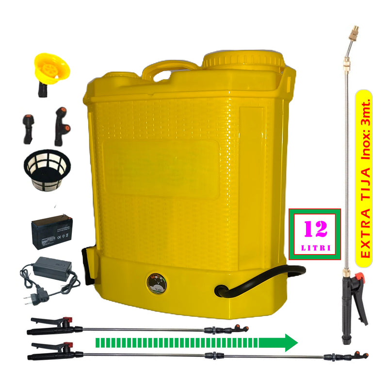 *BuzZ* SET Pompa Stropit DEZMAN cu Acumulator, 12 Litri, Vermorel GALBEN, tija extensibila 1m, + TIJA INOX Extensibila 3 Metri