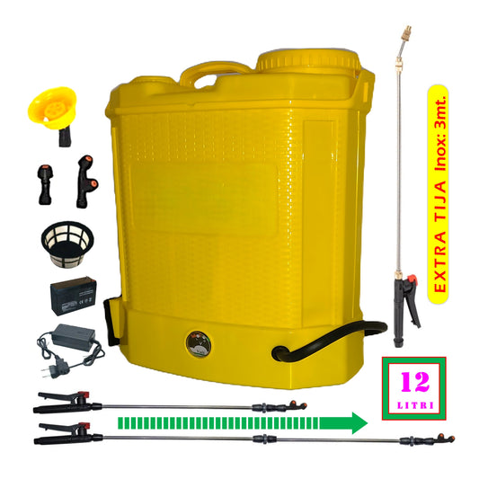 *BLACK-FRIDAY* SET DEZMAN Șprițuitor 12 Litri, Electric cu Acumulator, GALBEN, tija extensibila 1m, + TIJA INOX Extensibila 3 Metri + EXTRA Furtun si Maner