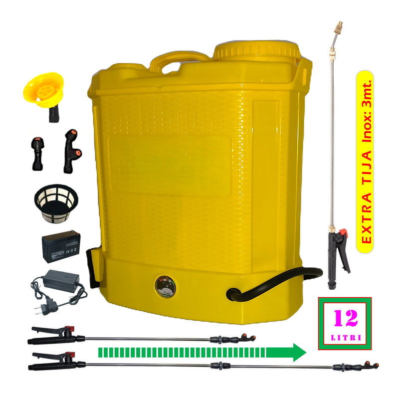 *BLACK-FRIDAY* SET DEZMAN Șprițuitor 12 Litri, Electric cu Acumulator, GALBEN, tija extensibila 1m, + TIJA INOX Extensibila 3 Metri + EXTRA Furtun si Maner