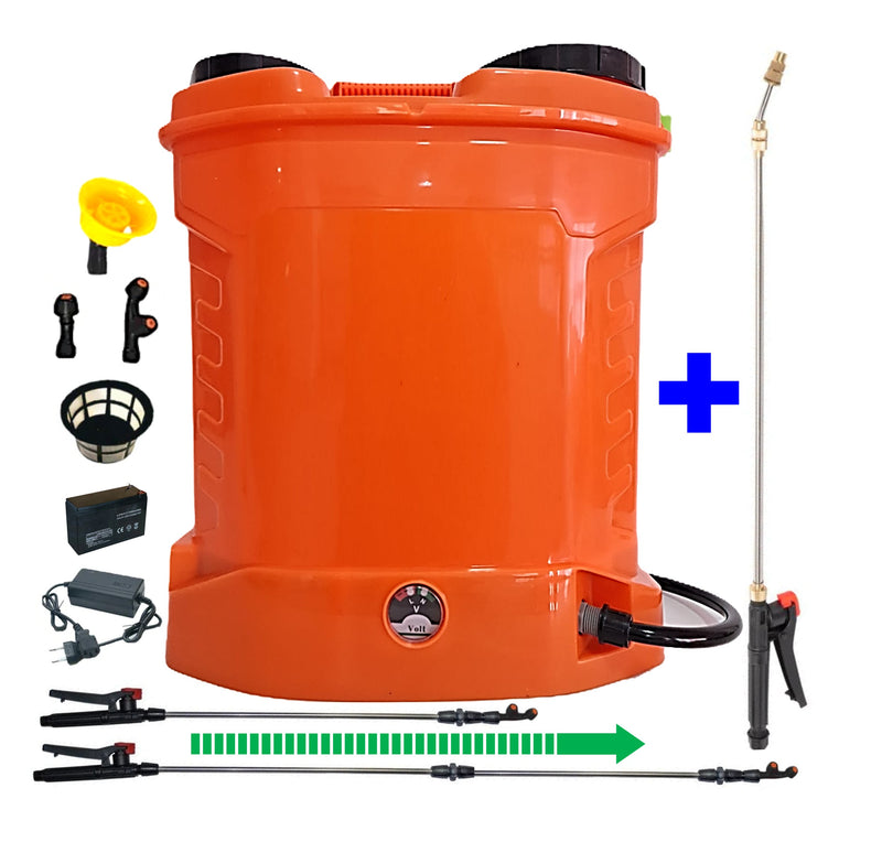 SEZONUL-OFERTELOR SET POMPINA Șprițuitor 12L, Electric cu Acumulator, Vermorel ORANGE, tija extensibila 1m, + TIJA INOX Extensibila 3 Metri + EXTRA Furtun si Maner