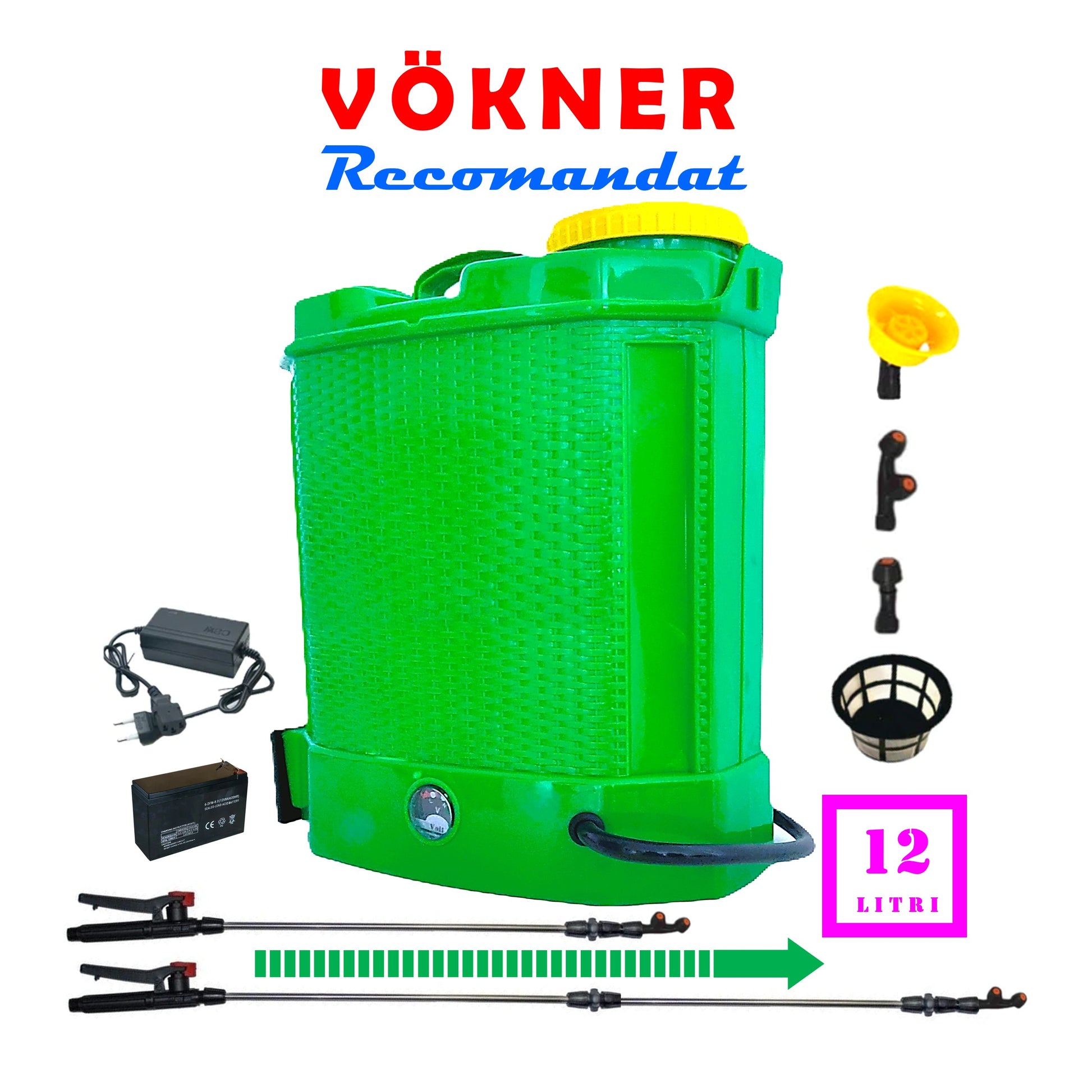 Pompa de stropit cu acumulator 12L, VERDE Pandora, 3 duze incluse, Vermorel cu Regulator Presiune - VÖKNER Recomandat