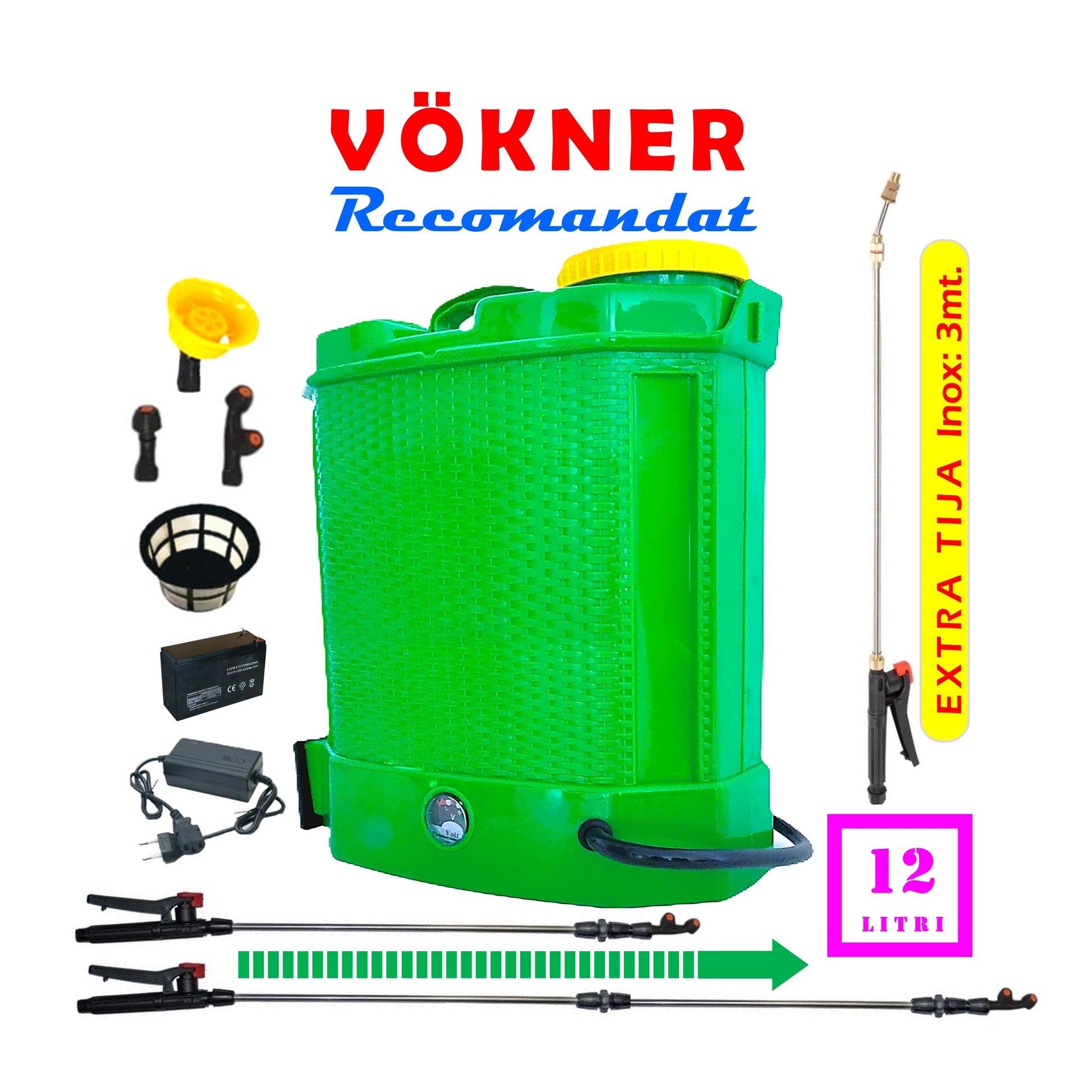 Set Pompa de stropit cu acumulator 12L VERDE Pandore + Set Lance telescopica stropit pomi 3m, vermorel - VOKNER Recomandat