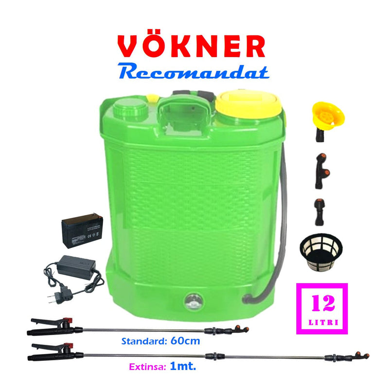 SEZONUL-OFERTELOR SET VÖKNER Șprițuitor 12L, Electric cu Acumulator, Vermorel VERDE, tija extensibila 1m, + TIJA INOX Extensibila 3 Metri + EXTRA Furtun si Maner
