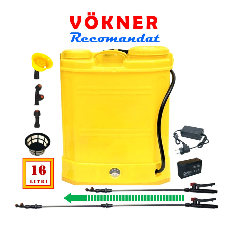 |♥|VÖKNER|♥|Vermorel Electric 16 LITRI, GALBEN, cu Acumulator, tija extensibila 1 metru, duze si incarcator incluse - VÖKNER Recomandat