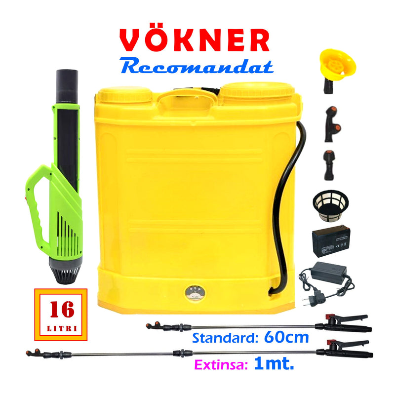 SET VÖKNER ATOMIZOR si VERMOREL Stropit Electric cu Acumulator, 16 Litri, GALBEN, tija extensibila 100cm - VÖKNER Recomandat