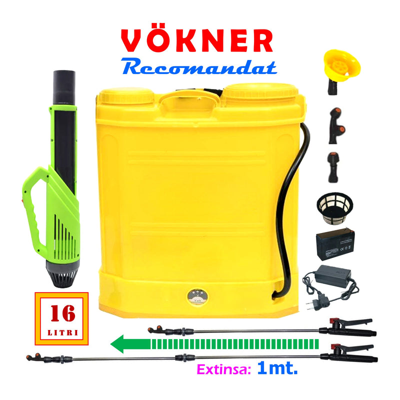 SET VÖKNER ATOMIZOR si VERMOREL Stropit Electric cu Acumulator, 16 Litri, GALBEN, tija extensibila 100cm - VÖKNER Recomandat