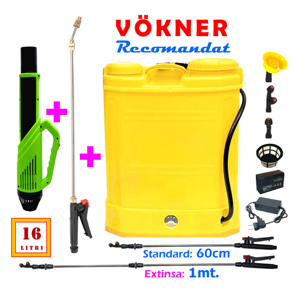 Set VÖKNER Pompa de stropit 16 L cu acumulator + Atomizor + Set Lance telescopica stropit pomi 3m, vermorel