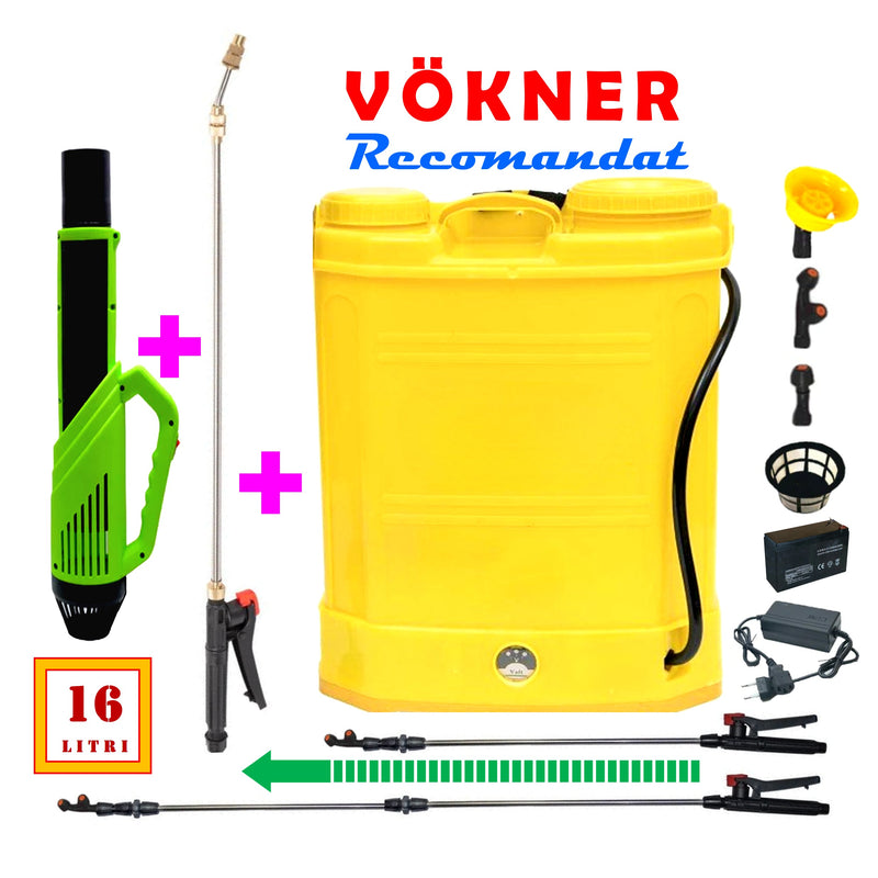 *PROMO* Set VÖKNER Pompa de stropit 16L cu acumulator + Atomizor + Set Lance telescopica stropit pomi 3m, vermorel