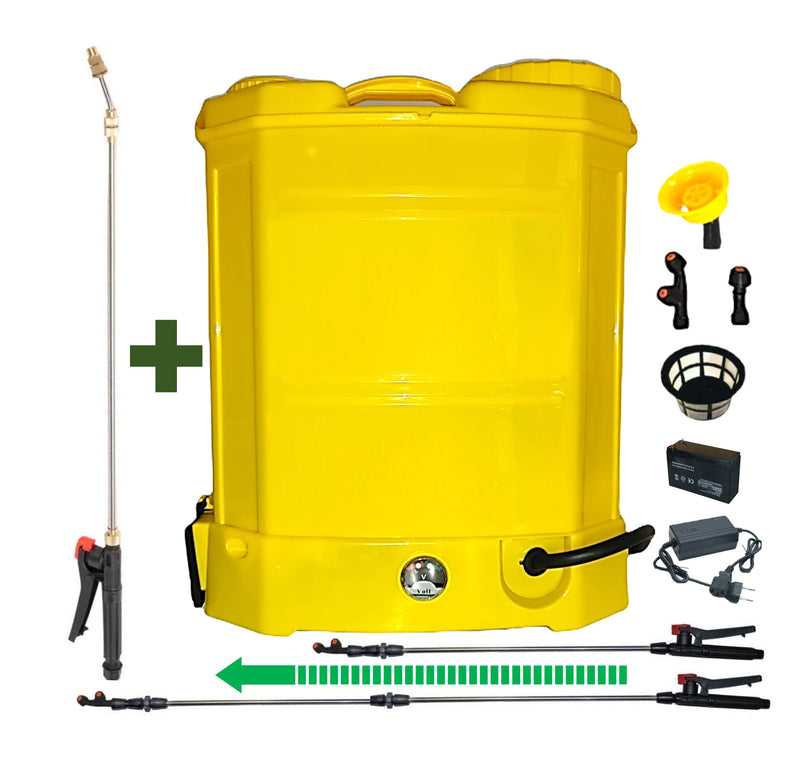 SEZONUL-OFERTELOR SET POMPINA Șprițuitor 16L, Electric cu Acumulator, Vermorel GALBEN, tija extensibila 1m, + TIJA INOX Extensibila 3 Metri + EXTRA Furtun si Maner