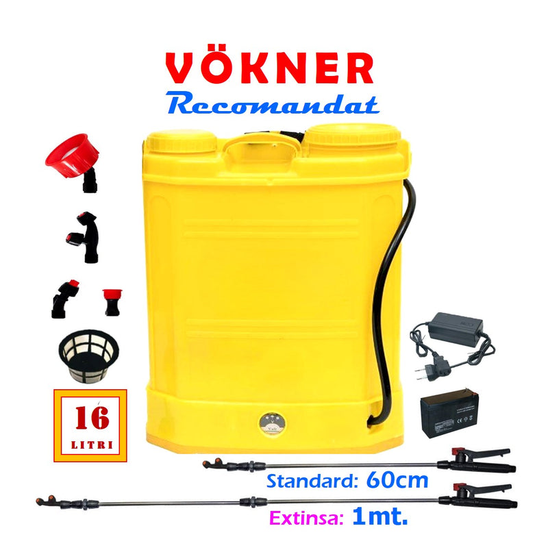 Pompa Stropit 16L VÖKNER Electrica cu Acumulator, Vermorel GALBEN, tija extensibila 100cm, duze si incarcator incluse - VÖKNER Recomandat