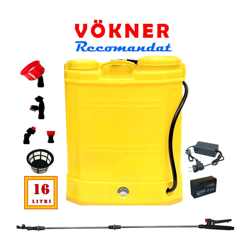 Pompa Stropit 16L VÖKNER Electrica cu Acumulator, Vermorel GALBEN, tija extensibila 100cm, duze si incarcator incluse - VÖKNER Recomandat