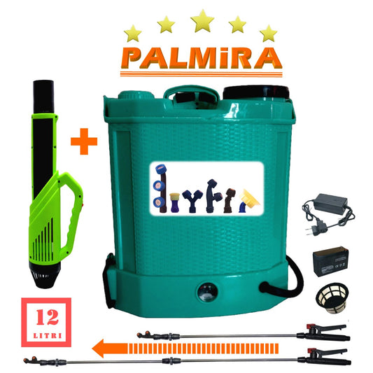 SET Pompa de stropit 12 Litri, electrica cu acumulator incorporat, culoare Turcoaz, brand Palmira, Vermorel Șprițuitor PLUS ATOMIZOR. Include acumulator, incarcator, sita lichide, 6 duze diferite incluse, lance metalica, maner reglare debit si atomizorul. O oferta speciala de la EuroUnelte.ro
